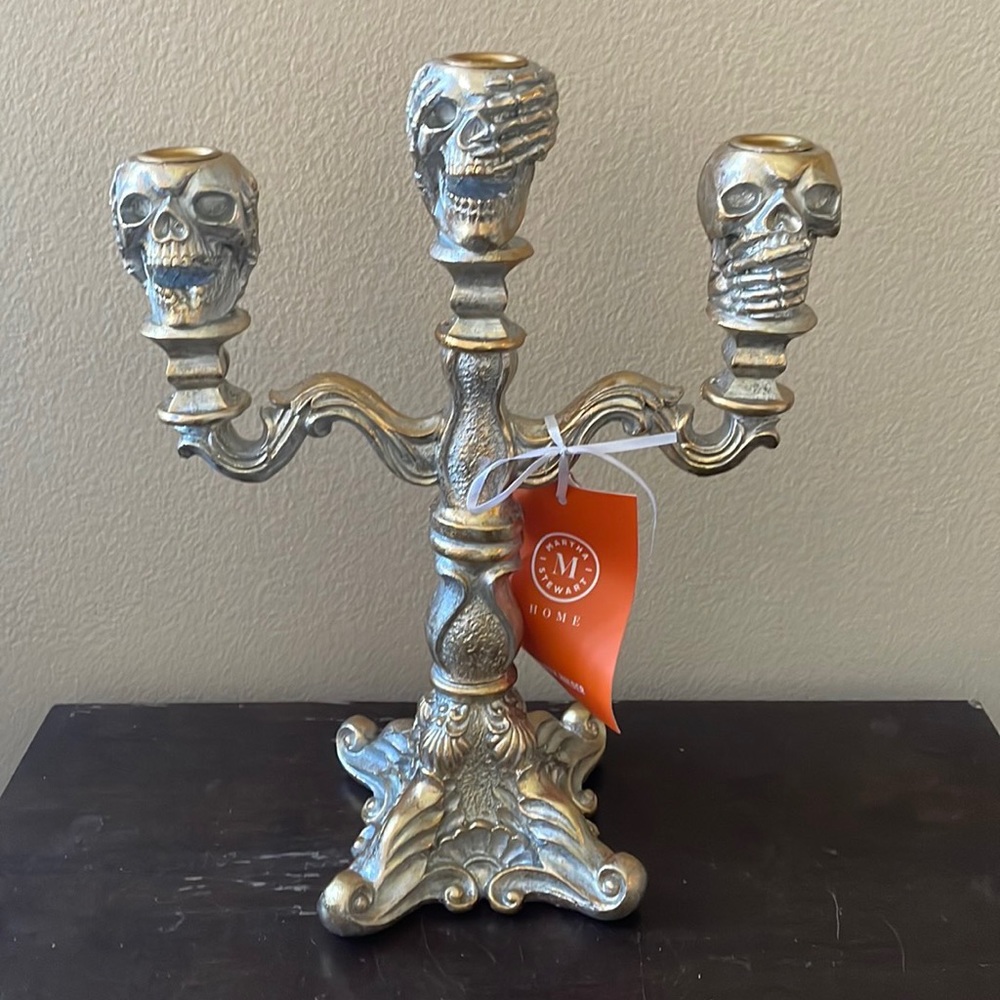 Martha Stewart Halloween 3 Arm Skull Gothic Candelabra Gold See No Hear No evil